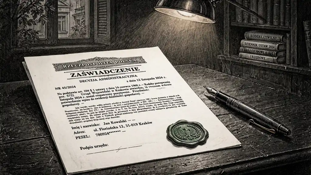 Dokument z pieczęcią na biurku w polskim urzędzie.