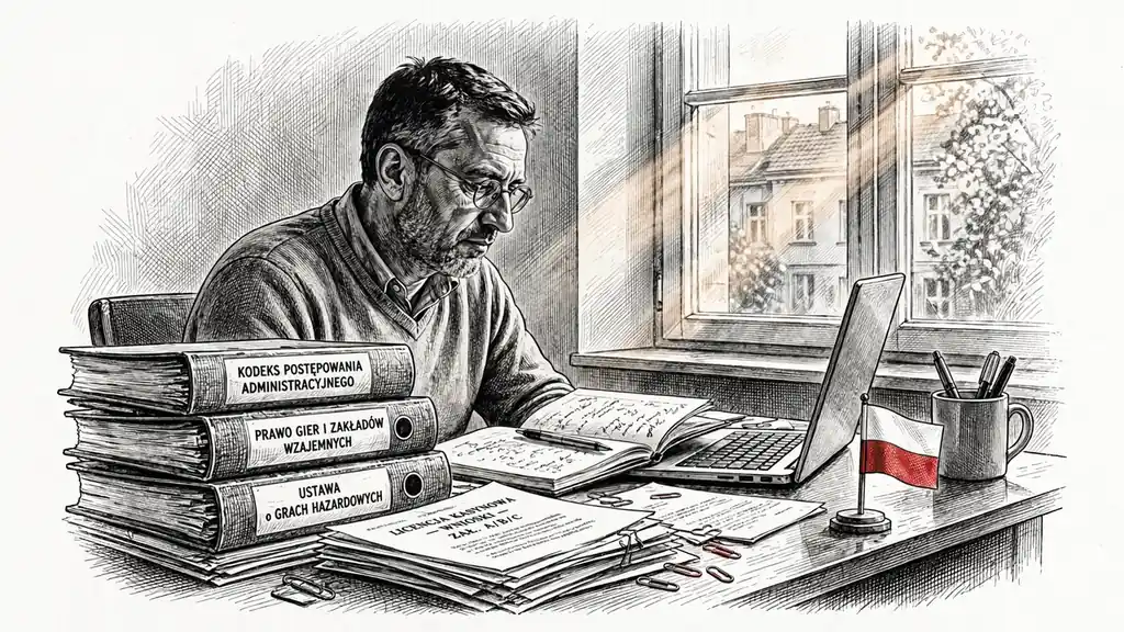 Polski redaktor przy biurku z dokumentami licencyjnymi kasyn